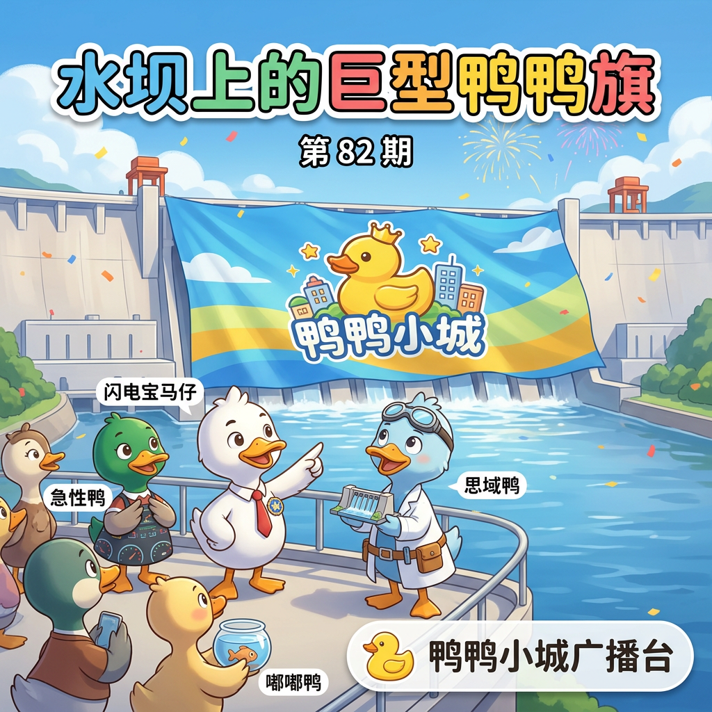 水坝上的巨型鸭鸭旗